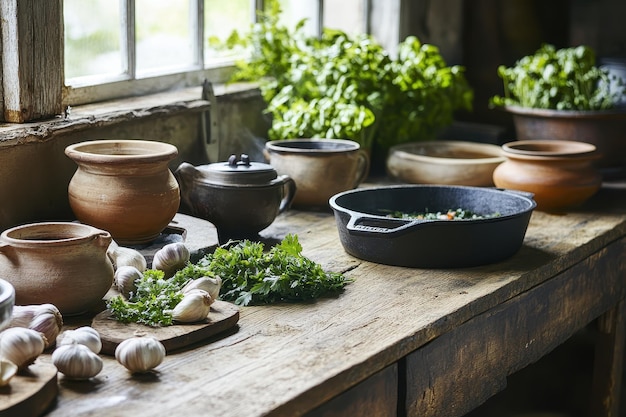 Kompozycja garnków i ziół